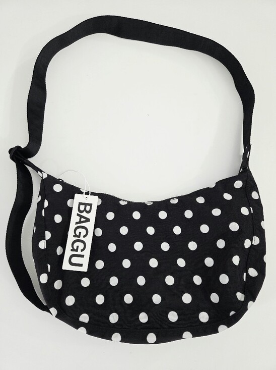 BAGGU Handbags - BAGGU MEDIUM NYLON CRESCENT BAG - BLACK & WHITE POLKA DOT